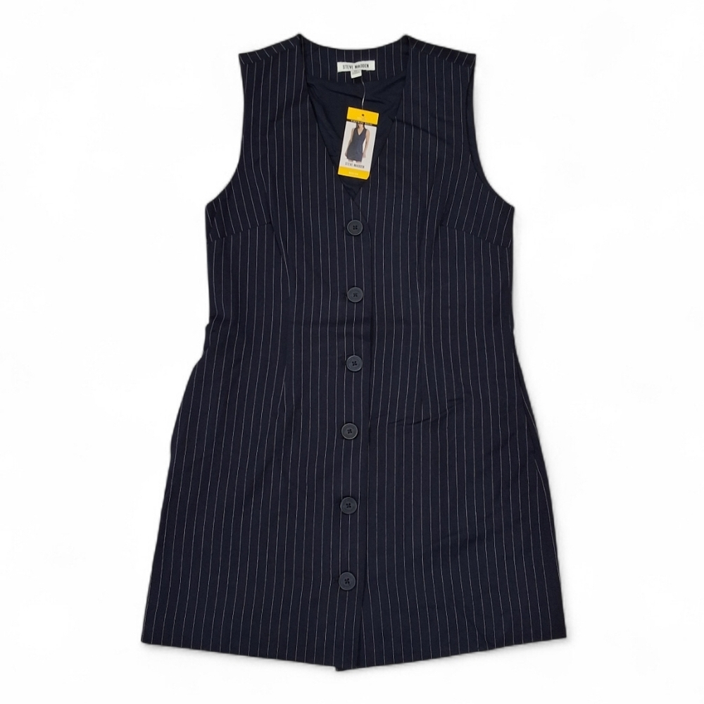 Steve Madden~NWT~Women Pinstripe Button Up Dress~Navy Blue~Office Siren~Prep~MED - Picture 2 of 6